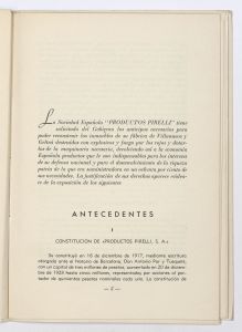 Memoria justificativa del derecho que tiene la Sociedad Española Productos Pirelli, S.A. de acogerse a los beneficios de la ley de 16 de marzo de 1939 sobre anticipos destinados a la reparación de los daños sufridos por la destrucción de su fábrica de Villanueva y Geltrú